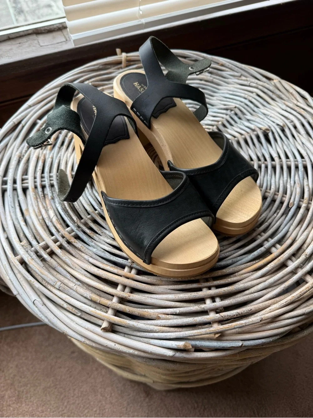 Swedish Hasbeens Black Leather Wedge Sandals